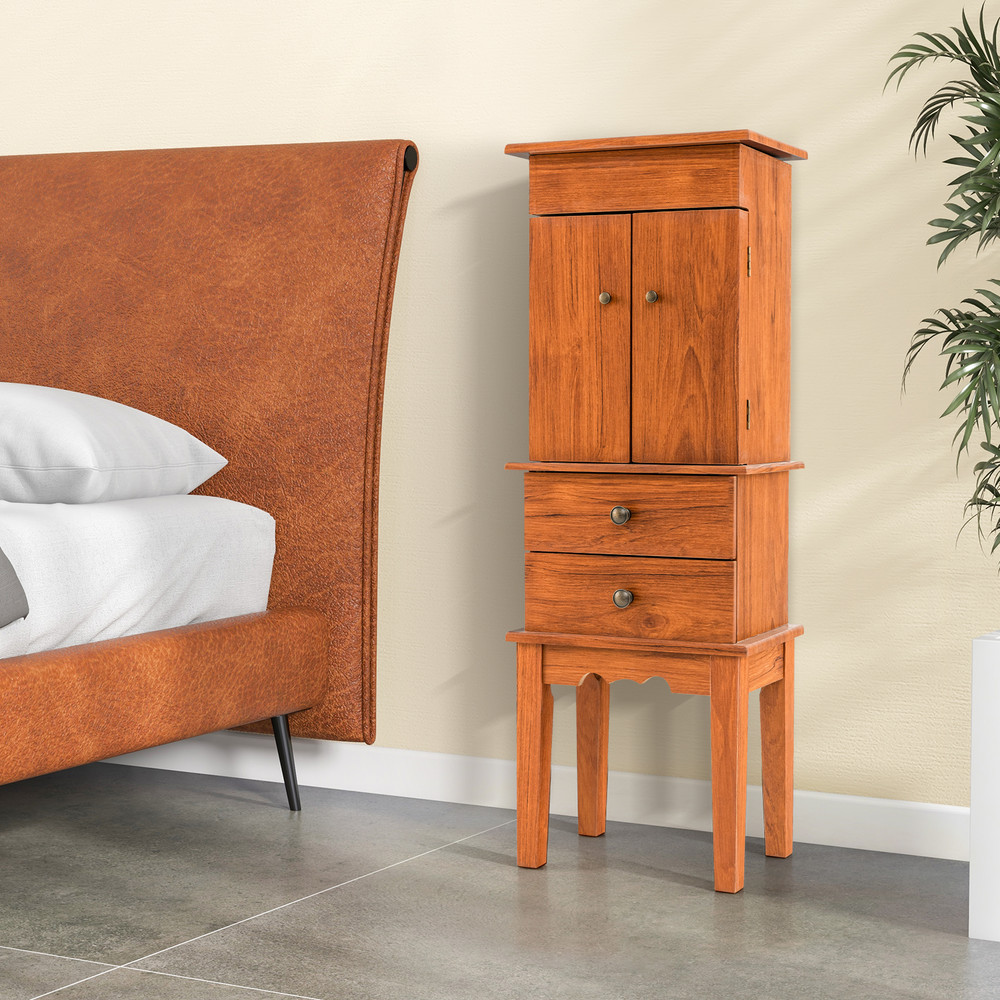 Vintage Jewelry Storage Standing Cabinet with Top Flip Makeup Mirror Large Jewelry Organizer with Mirror & Flannel Lin