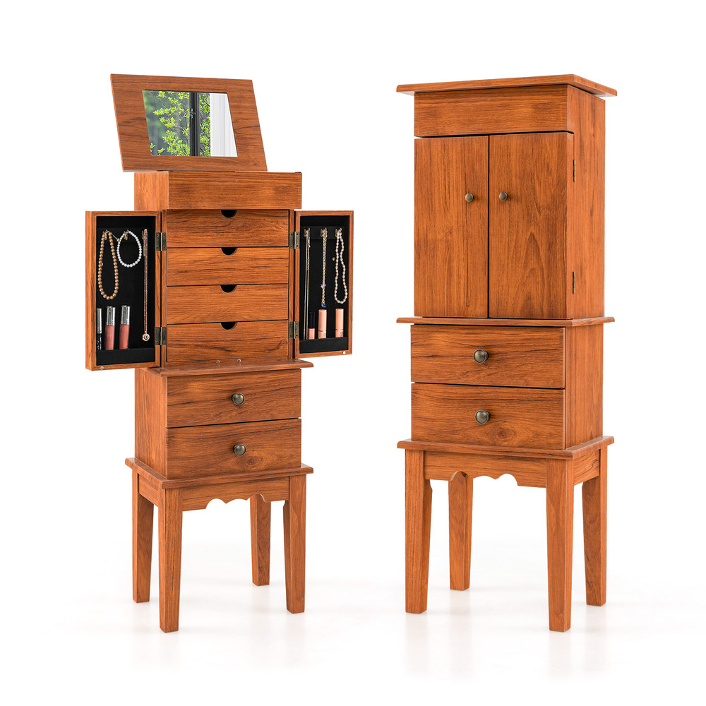 Vintage Jewelry Storage Standing Cabinet with Top Flip Makeup Mirror Large Jewelry Organizer with Mirror & Flannel Lin