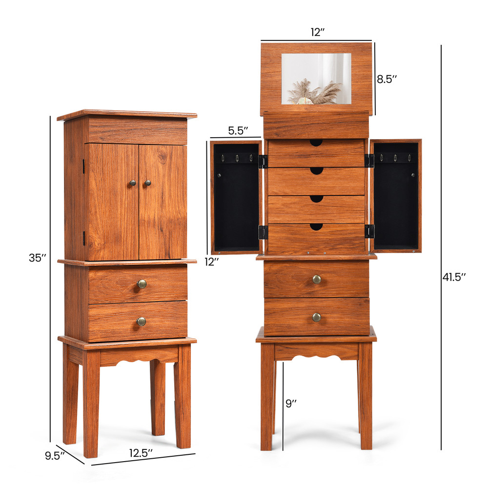 Vintage Jewelry Storage Standing Cabinet with Top Flip Makeup Mirror Large Jewelry Organizer with Mirror & Flannel Lin