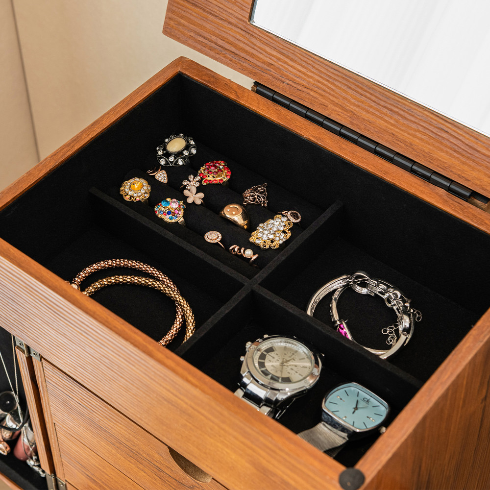 Vintage Jewelry Storage Standing Cabinet with Top Flip Makeup Mirror Large Jewelry Organizer with Mirror & Flannel Lin