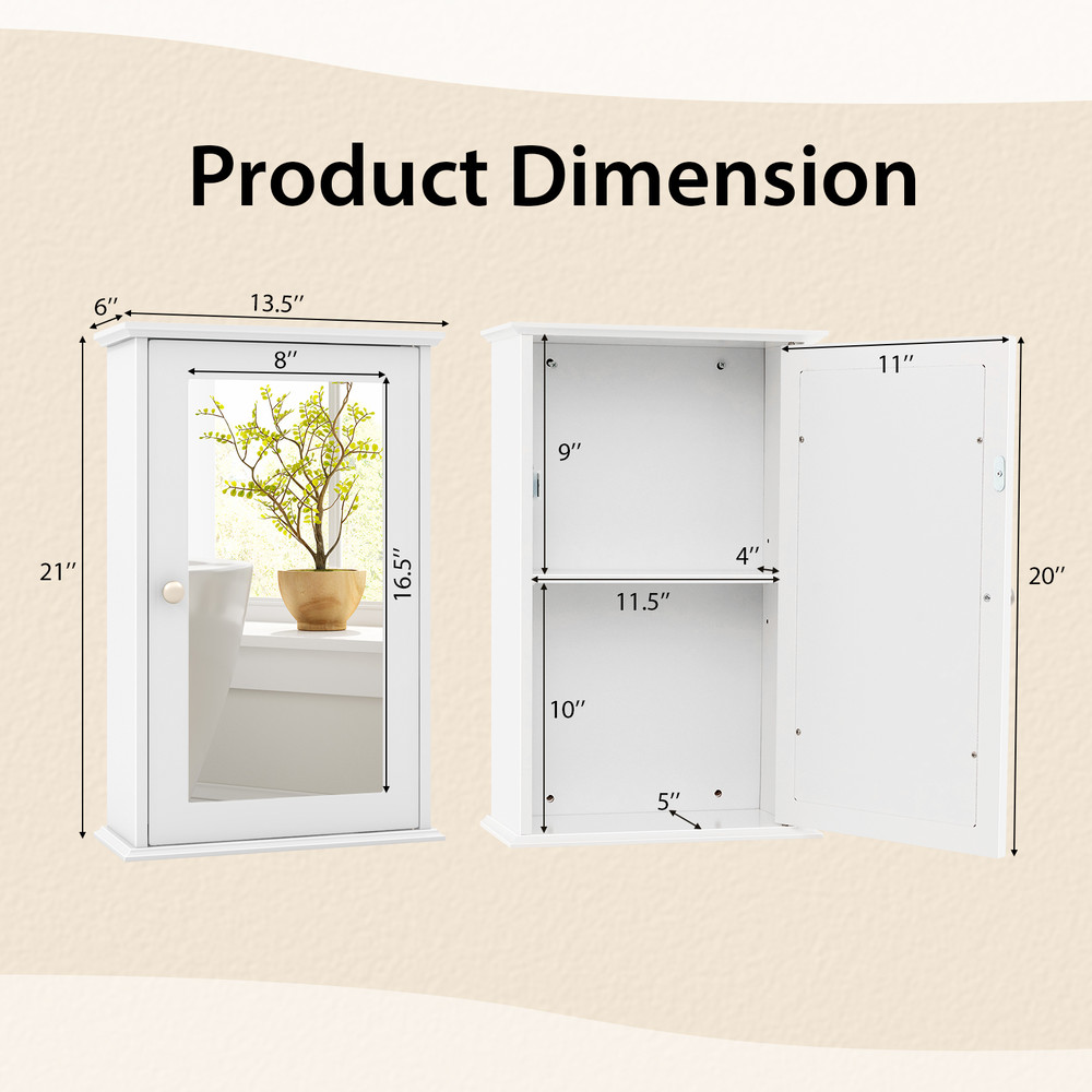 Bathroom Wall Cabinet with Single Mirror Door Adjustable Shelf, Space-Saving Storage