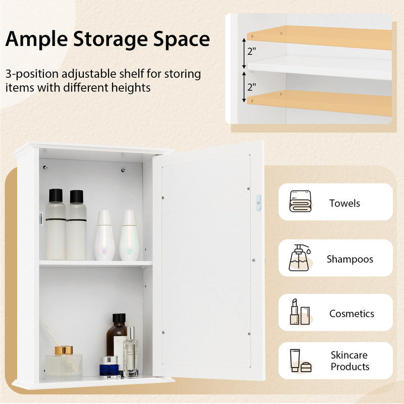 Bathroom Wall Cabinet with Single Mirror Door Adjustable Shelf, Space-Saving Storage