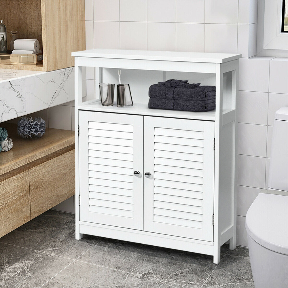 Wood Freestanding Bathroom Storage Cabinet with Double Shutter Door White Spacious Bathroom Organizer