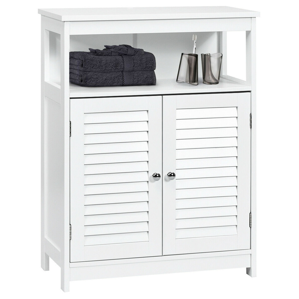 Wood Freestanding Bathroom Storage Cabinet with Double Shutter Door White Spacious Bathroom Organizer
