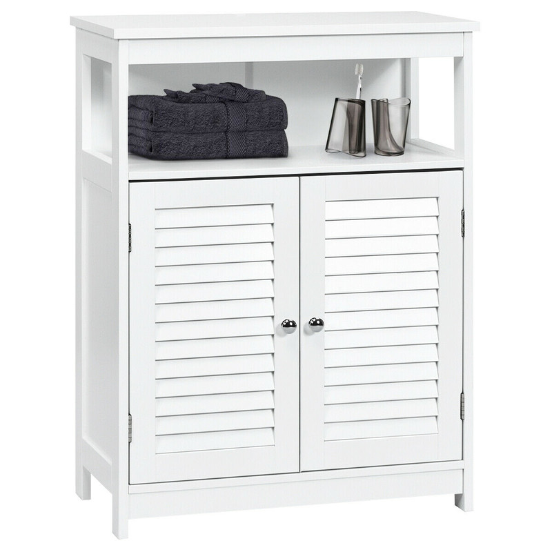 Wood Freestanding Bathroom Storage Cabinet with Double Shutter Door White Spacious Bathroom Organizer