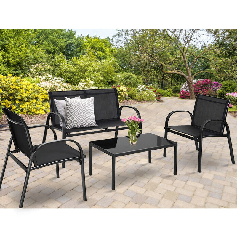 4-Piece Patio Furniture Set with Glass Top Coffee Table Outdoor Loveseat & Sofa Set