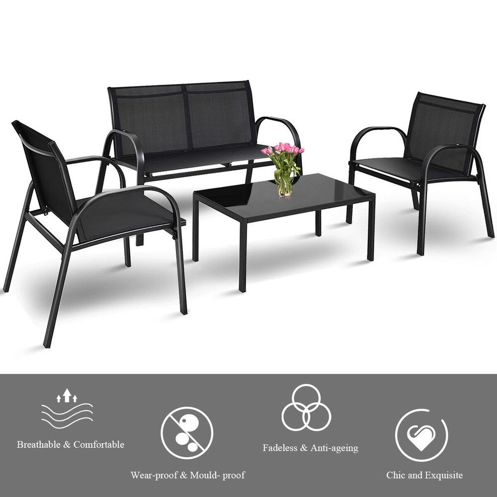 4-Piece Patio Furniture Set with Glass Top Coffee Table Outdoor Loveseat & Sofa Set