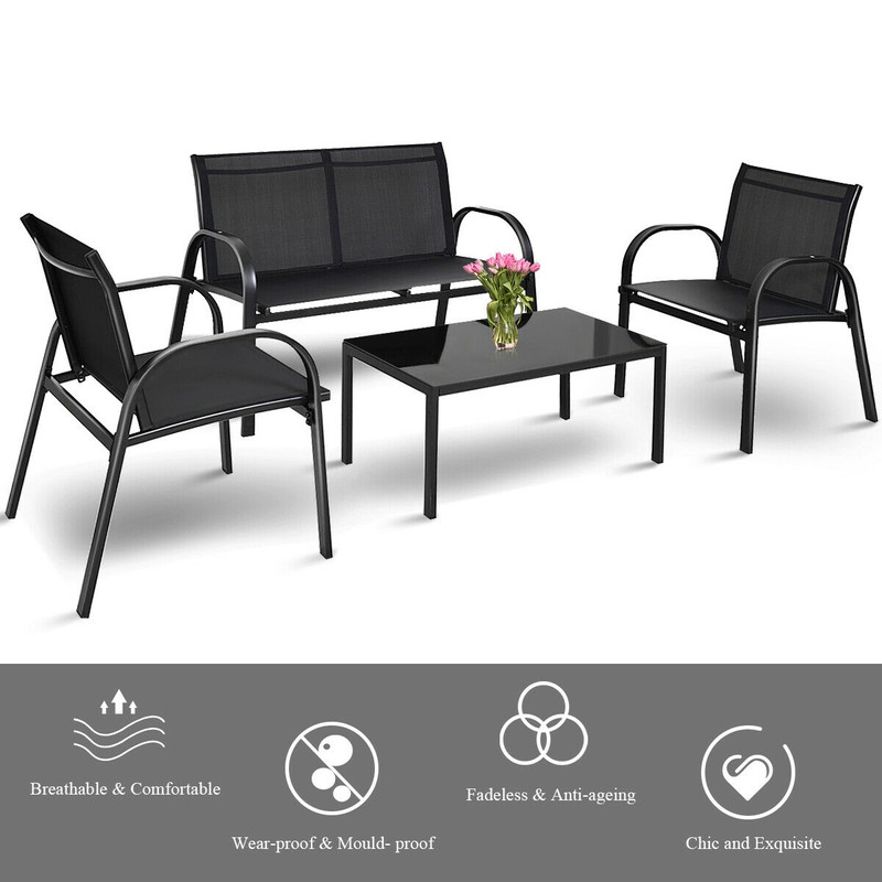 4-Piece Patio Furniture Set with Glass Top Coffee Table Outdoor Loveseat & Sofa Set