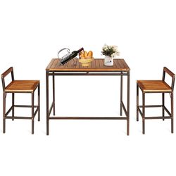 outdoor rattan wicker bar dining furniture set, acacia wood patio bistro table and chairs for backyard, deor or terrace