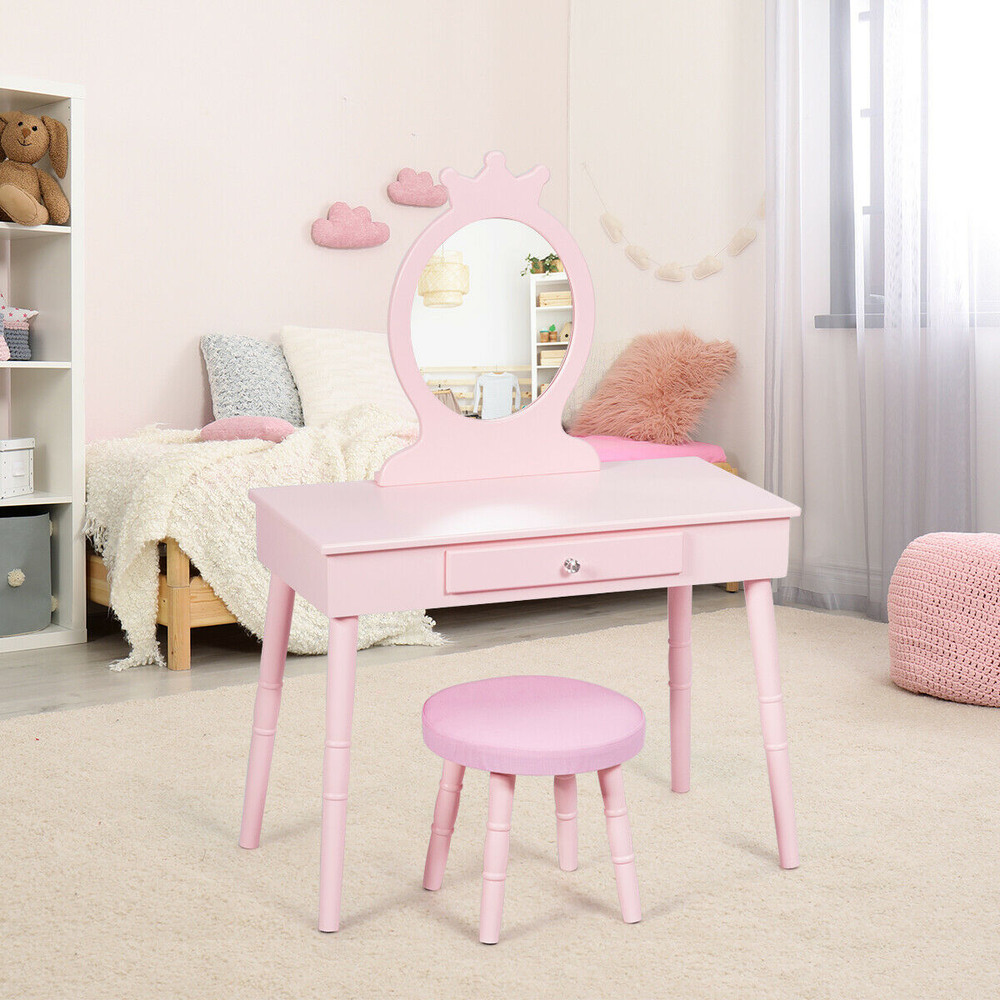 Pink Kids Wooden Princess Makeup Table Set With Cushioned Stool Vanity Dresser With Real Mirror Sp 4
