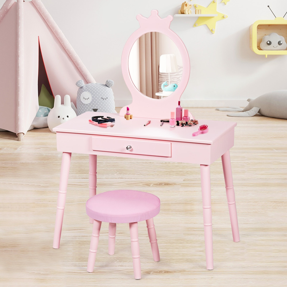 Pink Kids Wooden Princess Makeup Table Set With Cushioned Stool Vanity Dresser With Real Mirror Sp 3