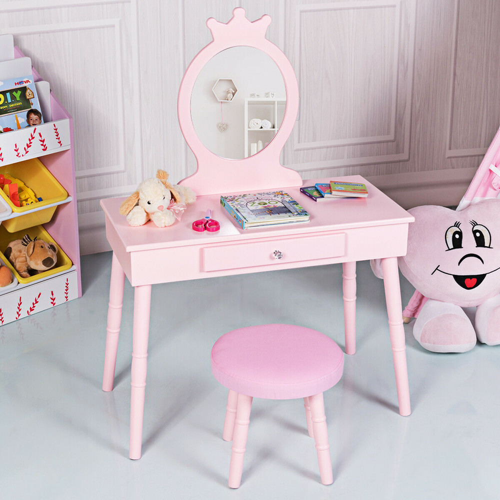 Pink Kids Wooden Princess Makeup Table Set With Cushioned Stool Vanity Dresser With Real Mirror Sp 5