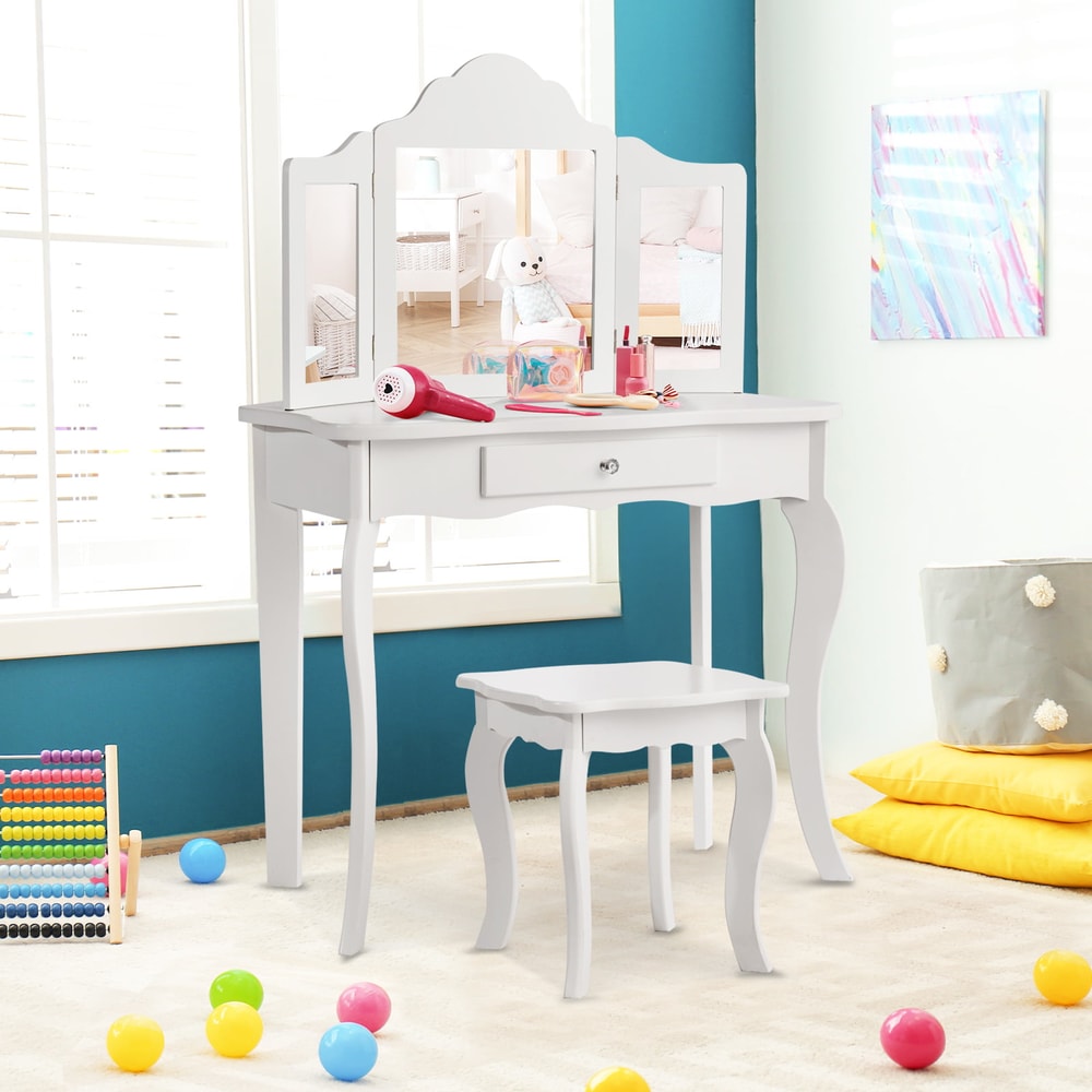 Girls Vanity Table With TriFolding Mirror Stool Kids Dressing Vanity Set With Detachable Mirror Dr 1