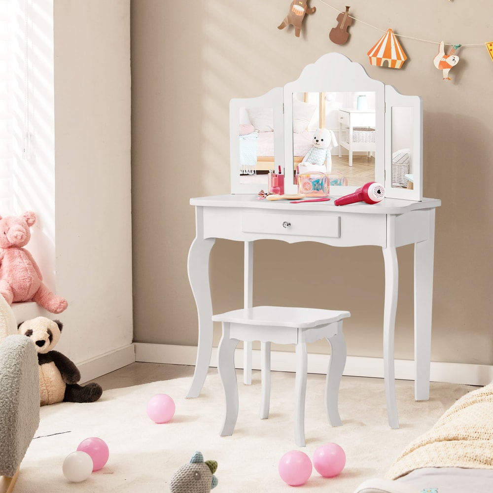 Girls Vanity Table With TriFolding Mirror Stool Kids Dressing Vanity Set With Detachable Mirror Dr 2