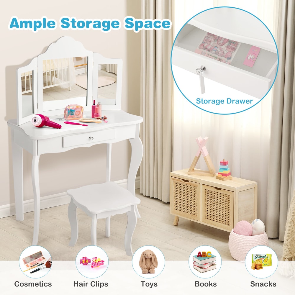 Girls Vanity Table With TriFolding Mirror Stool Kids Dressing Vanity Set With Detachable Mirror Dr 3