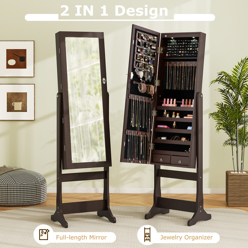 Standing Lockable Mirrored Jewelry Cabinet With LED Lights Floor Mirror Armoire With Storage Drawer 2