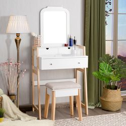 elegant vanity table set with cushioned stool & large mirror, 3 drawers for storage