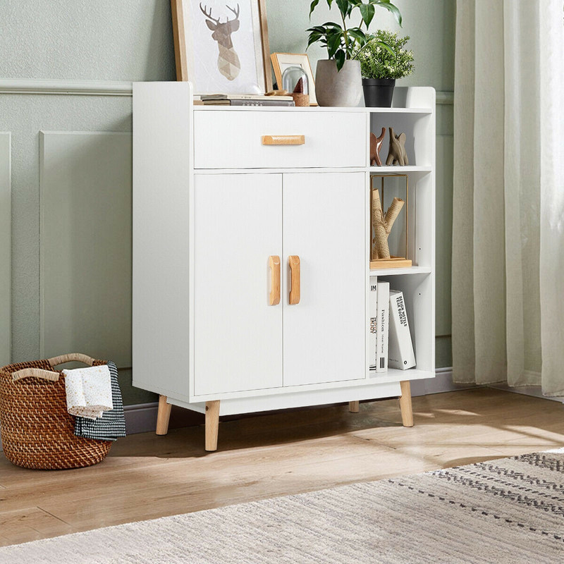 Modern Floor Storage Cabinet, Free Standing Cupboard Chest with 1 Drawer, Adjustable Shelves & Anti-Tip Design