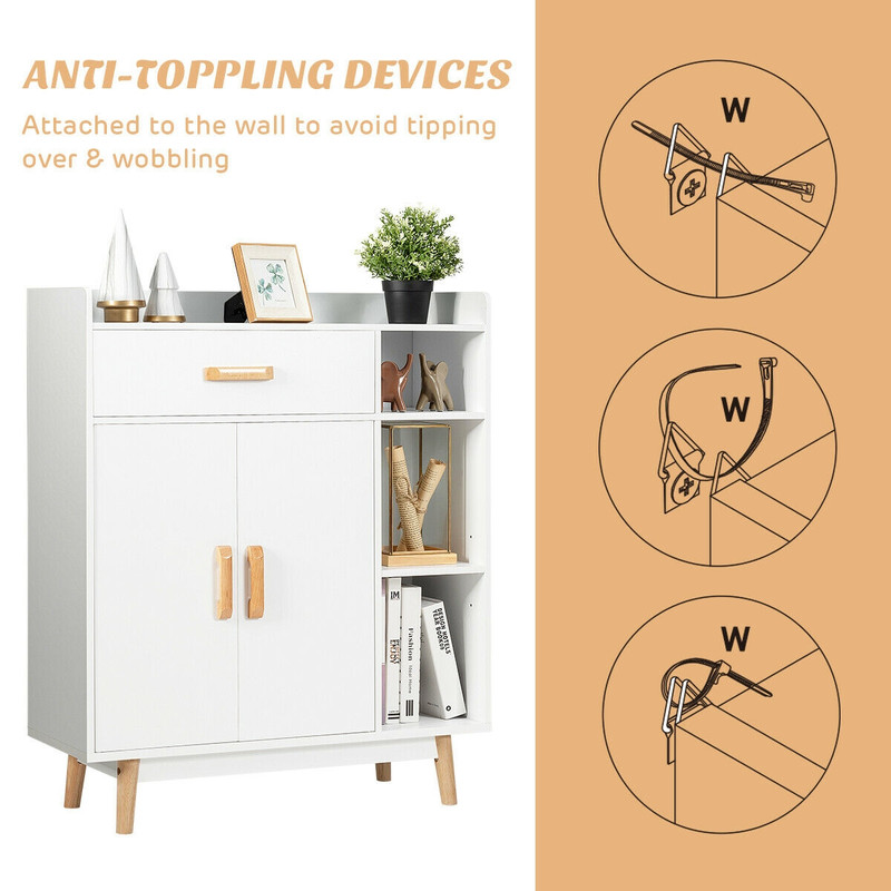 Modern Floor Storage Cabinet, Free Standing Cupboard Chest with 1 Drawer, Adjustable Shelves & Anti-Tip Design