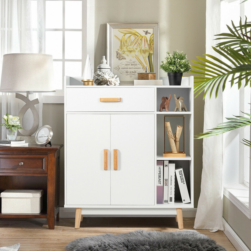 Modern Floor Storage Cabinet, Free Standing Cupboard Chest with 1 Drawer, Adjustable Shelves & Anti-Tip Design