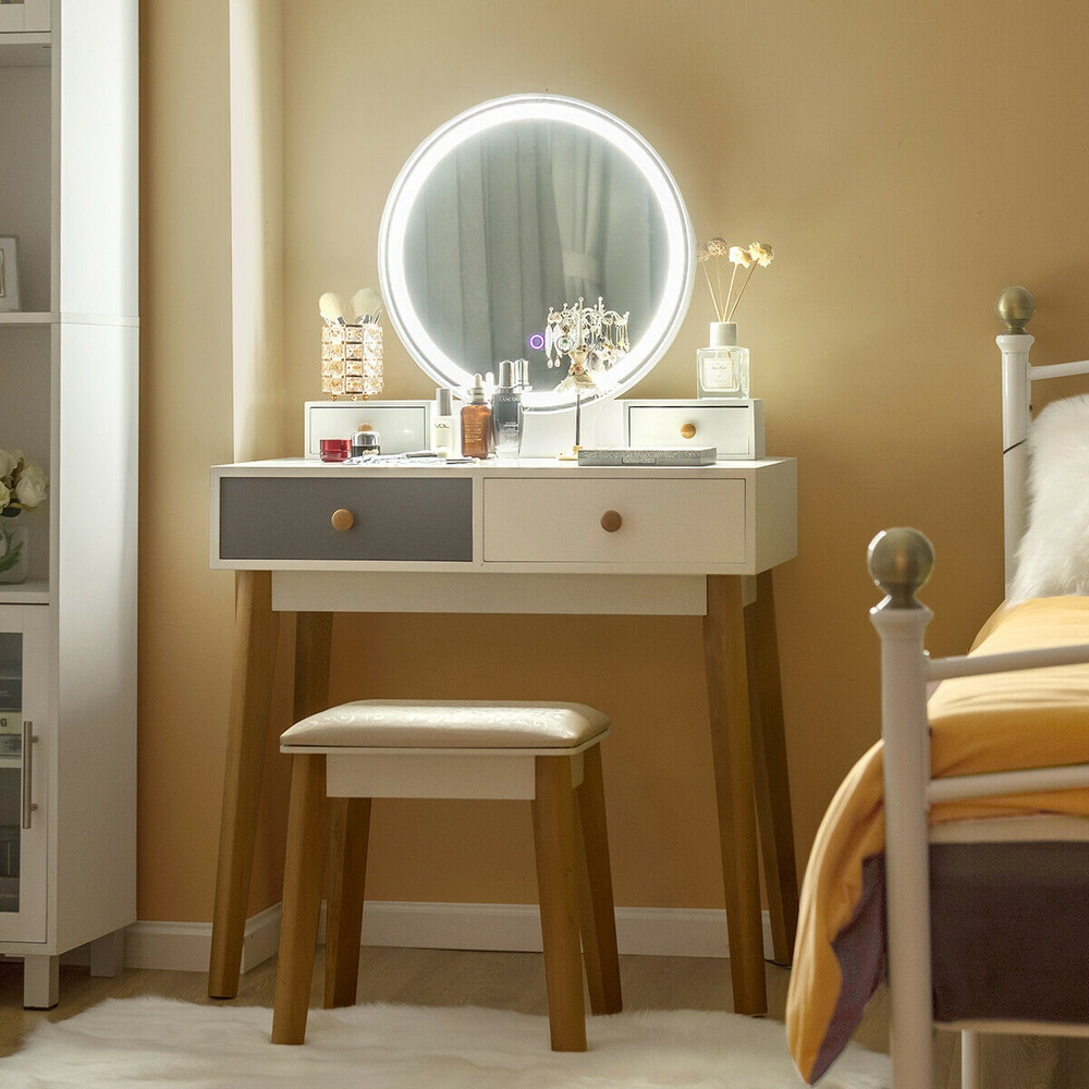 Modern Lighted Makeup Vanity Table 4Drawer Dressing Table With LED Mirror Storage Soft Cushion Sto 0