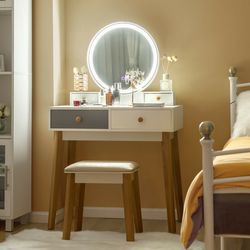 modern lighted makeup vanity table, 4-drawer dressing table with led mirror, storage & soft cushion stool