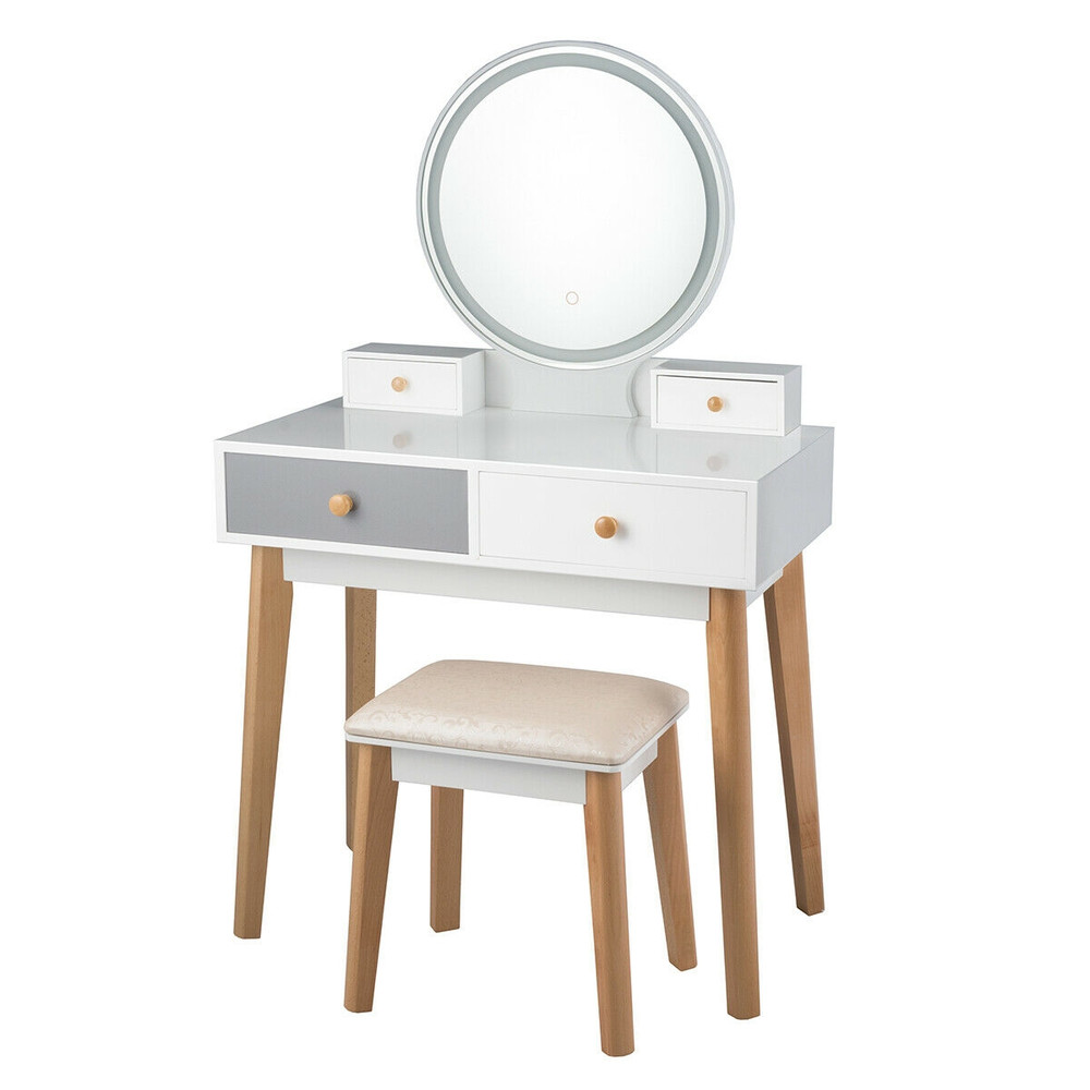 Modern Lighted Makeup Vanity Table 4Drawer Dressing Table With LED Mirror Storage Soft Cushion Sto 4