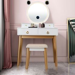 vanity set with 3-color lighted touch screen dimming mirror & 4 drawers, white & gold makeup dressing table