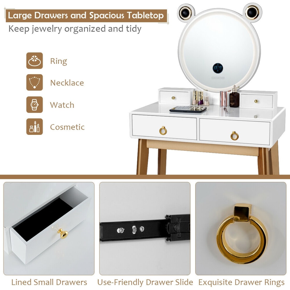 Vanity Set With 3Color Lighted Touch Screen Dimming Mirror 4 Drawers White Gold Makeup Dressing T 7