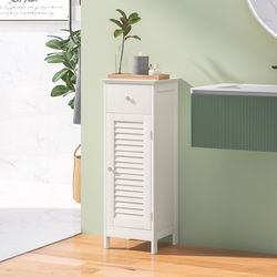 wooden bathroom floor storage cabinet with drawer & shutter door, sleek white mdf design