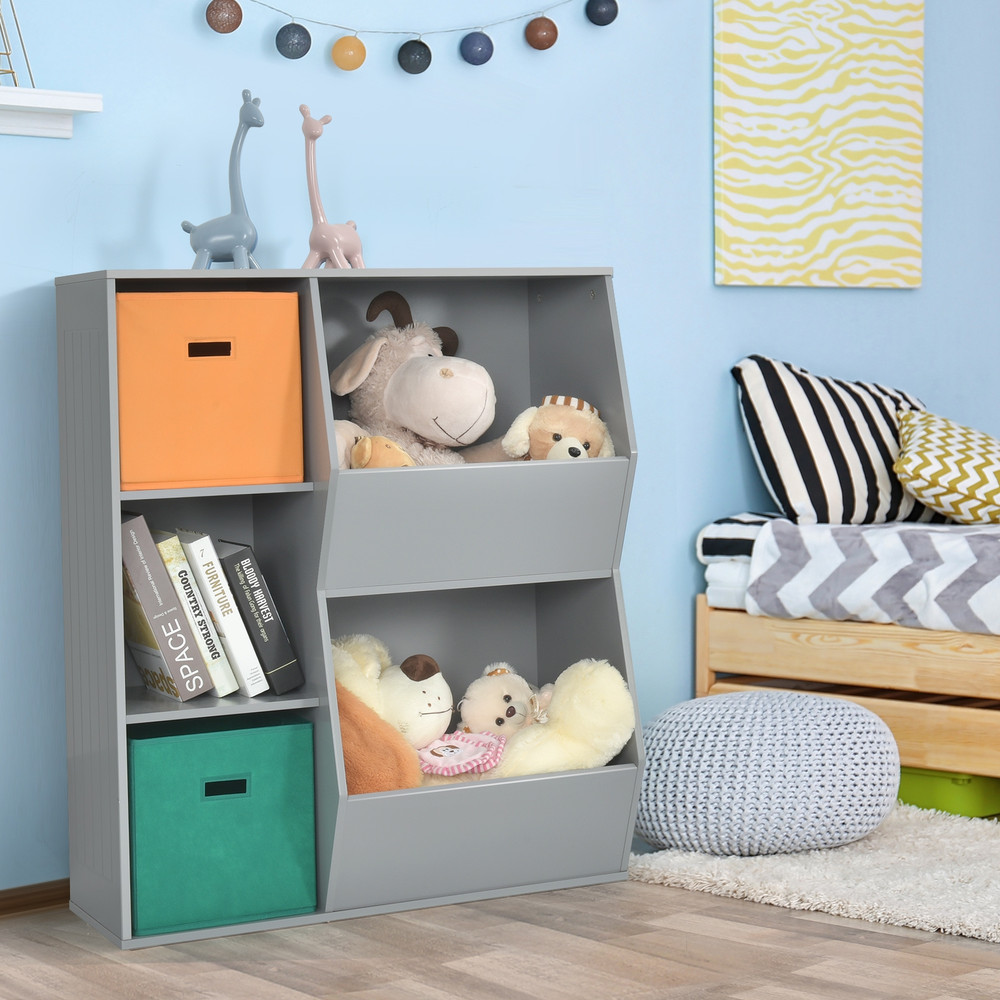 Kids Toy Storage Cabinet Shelf Organizer, Sturdy Gray MDF Toy Organizer with Baskets & Open Shelves