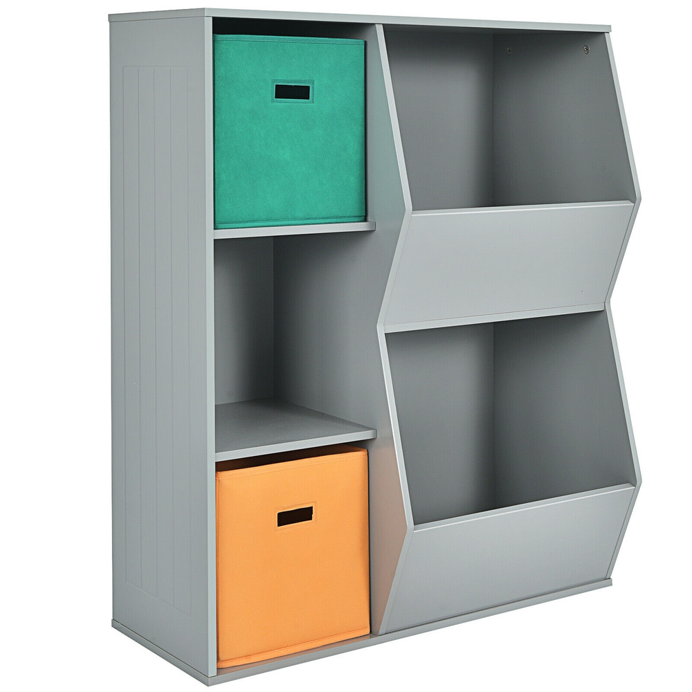 Kids Toy Storage Cabinet Shelf Organizer, Sturdy Gray MDF Toy Organizer with Baskets & Open Shelves