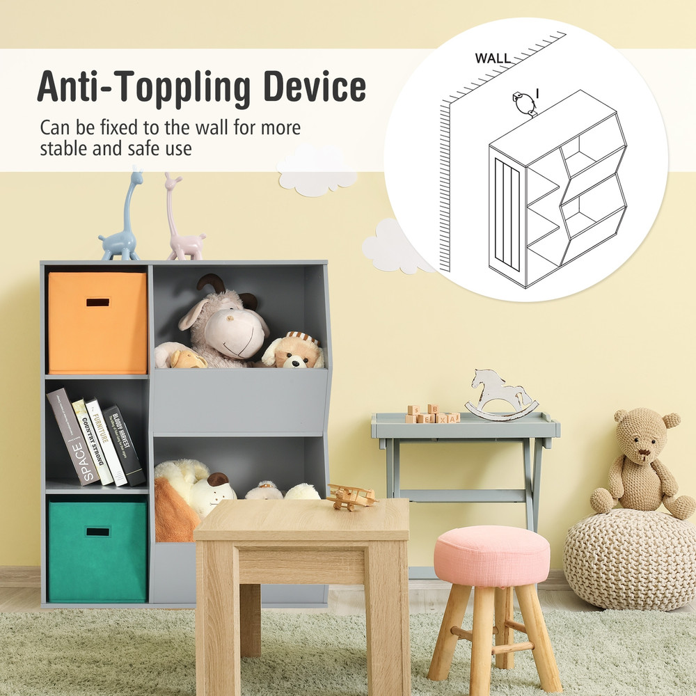 Kids Toy Storage Cabinet Shelf Organizer, Sturdy Gray MDF Toy Organizer with Baskets & Open Shelves