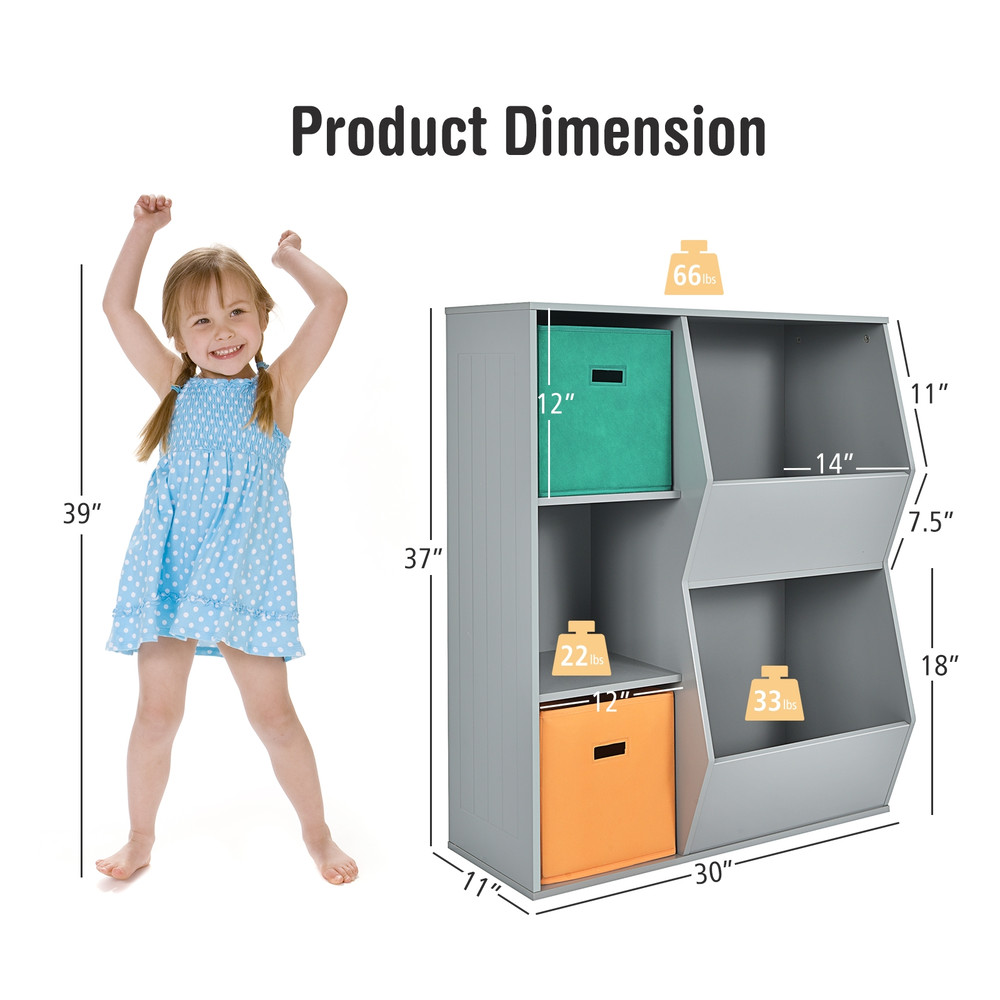 Kids Toy Storage Cabinet Shelf Organizer, Sturdy Gray MDF Toy Organizer with Baskets & Open Shelves