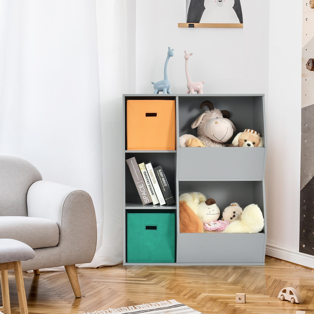 Kids Toy Storage Cabinet Shelf Organizer, Sturdy Gray MDF Toy Organizer with Baskets & Open Shelves