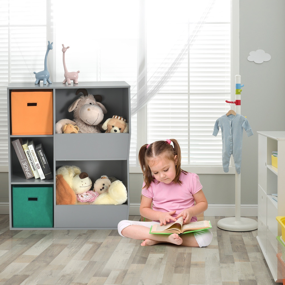 Kids Toy Storage Cabinet Shelf Organizer, Sturdy Gray MDF Toy Organizer with Baskets & Open Shelves