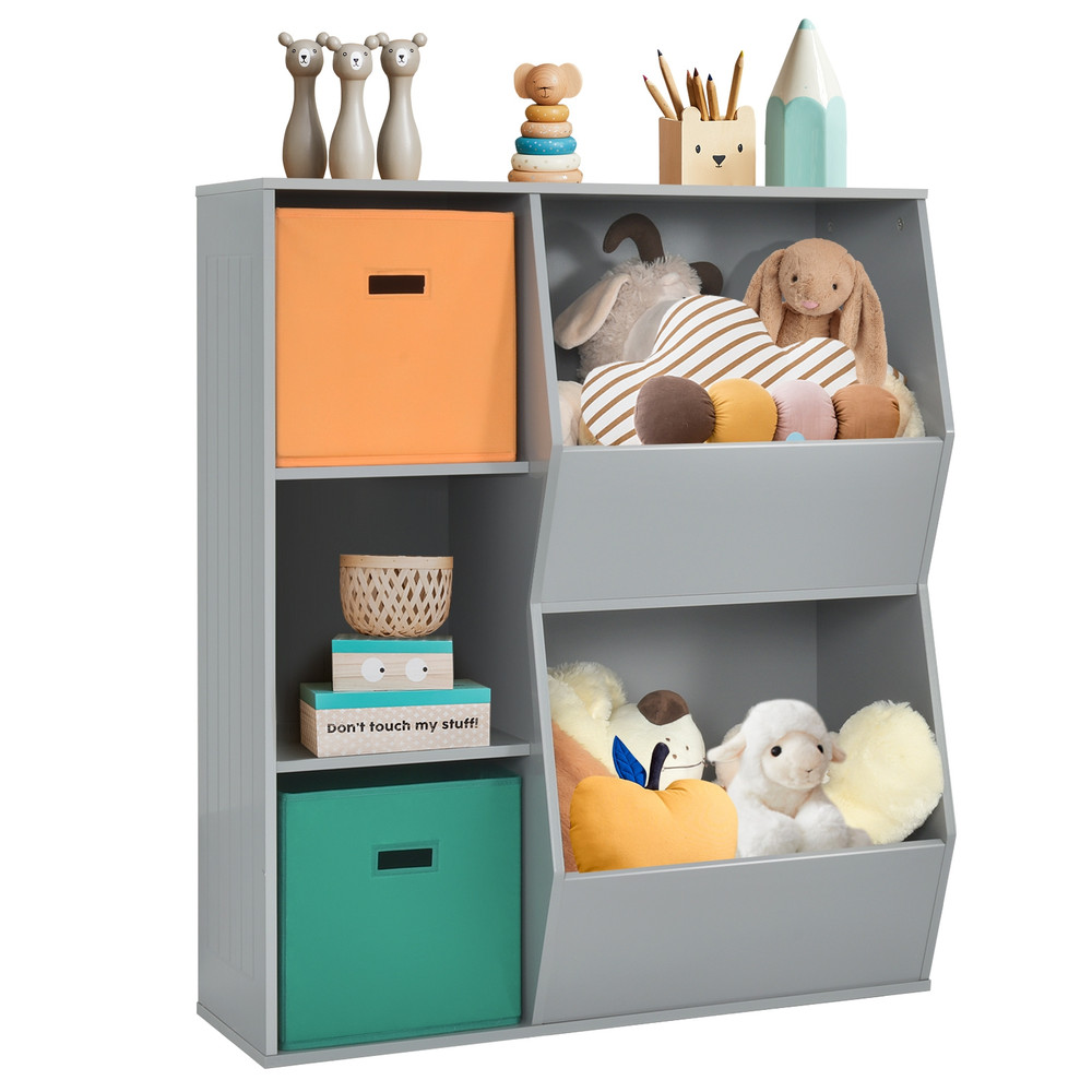 Kids Toy Storage Cabinet Shelf Organizer, Sturdy Gray MDF Toy Organizer with Baskets & Open Shelves