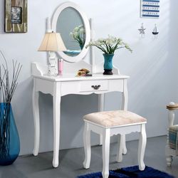 wooden vanity makeup set with cushioned stool & oval rotating mirror, mid-century modern dressing table