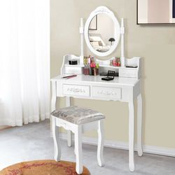 elegant vanity table set with oval mirror, 4 drawers & cushioned stool makeup vanity & dressing table with storage