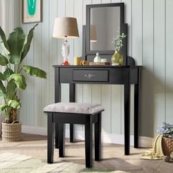 elegant vanity table set with large makeup mirror & cushioned stool dressing table with storage