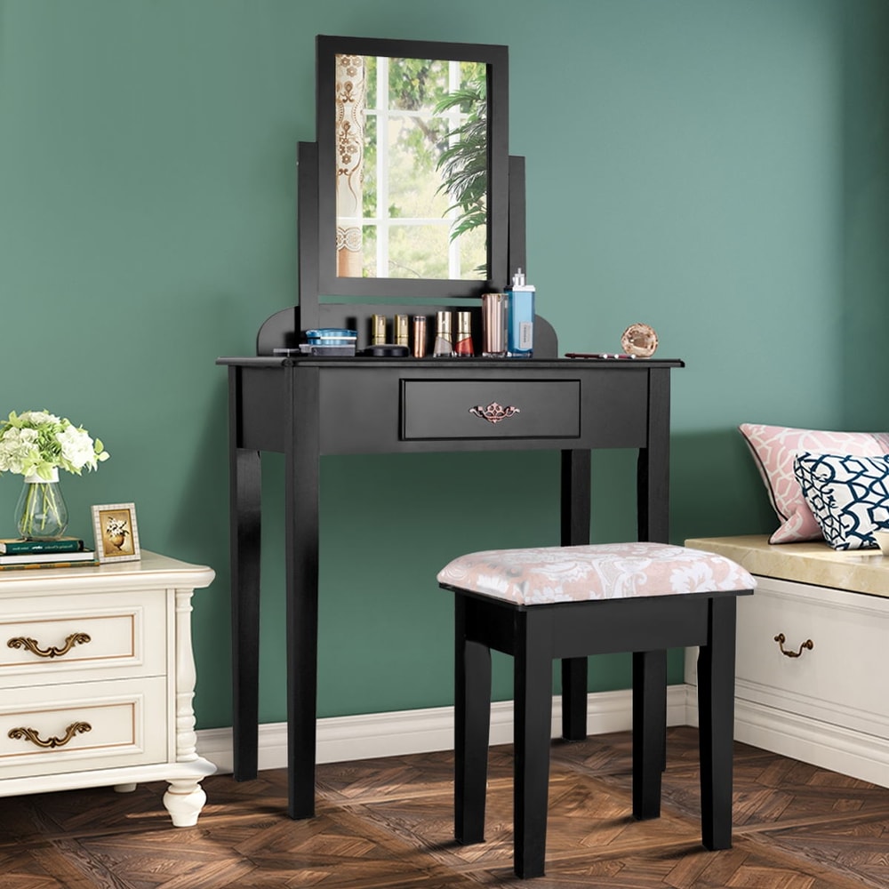 Elegant Vanity Table Set with Large Makeup Mirror & Cushioned Stool Dressing Table with Storage