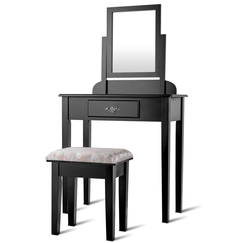 Elegant Vanity Table Set with Large Makeup Mirror & Cushioned Stool Dressing Table with Storage
