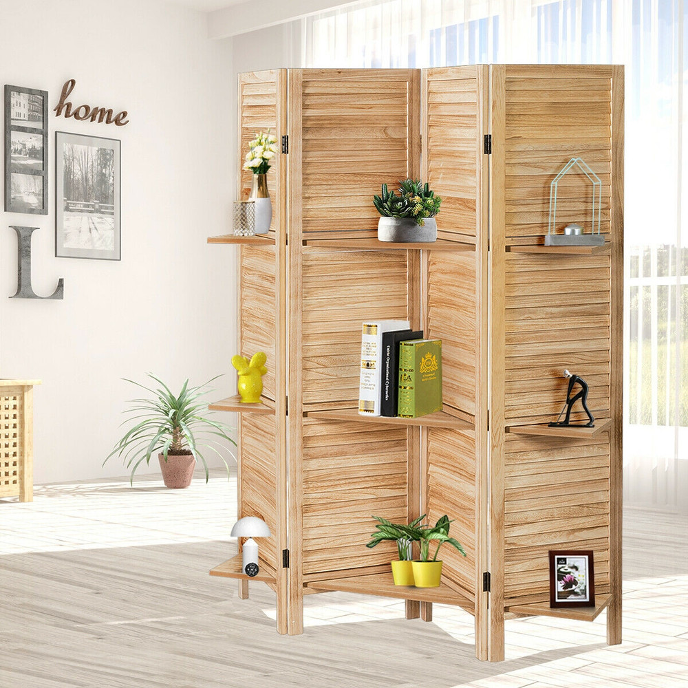 4-Panel Freestanding Folding Room Divider Privacy Screen & Space Separator with Storage Shelves