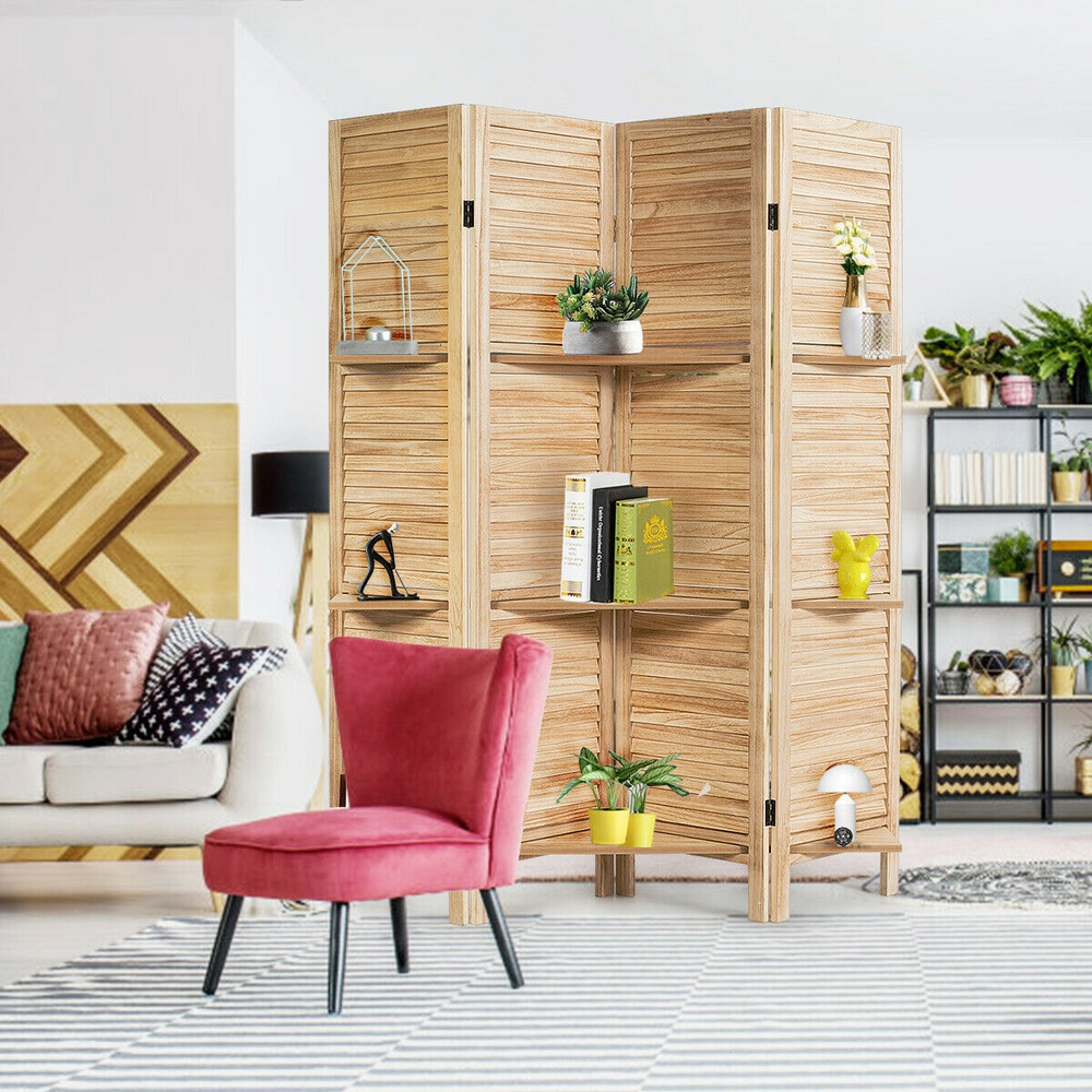 4-Panel Freestanding Folding Room Divider Privacy Screen & Space Separator with Storage Shelves