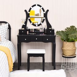 modern vanity table with dimmable lights adjustable dimmable lights, mirror & soft stool for modern makeup