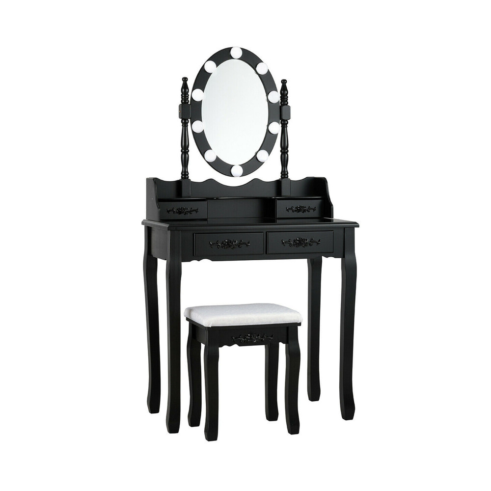 Makeup Dressing Table with Touch Switch Lighted Mirror & Cushioned Stool Elegant Vanity Desk with LED Lights & Storage