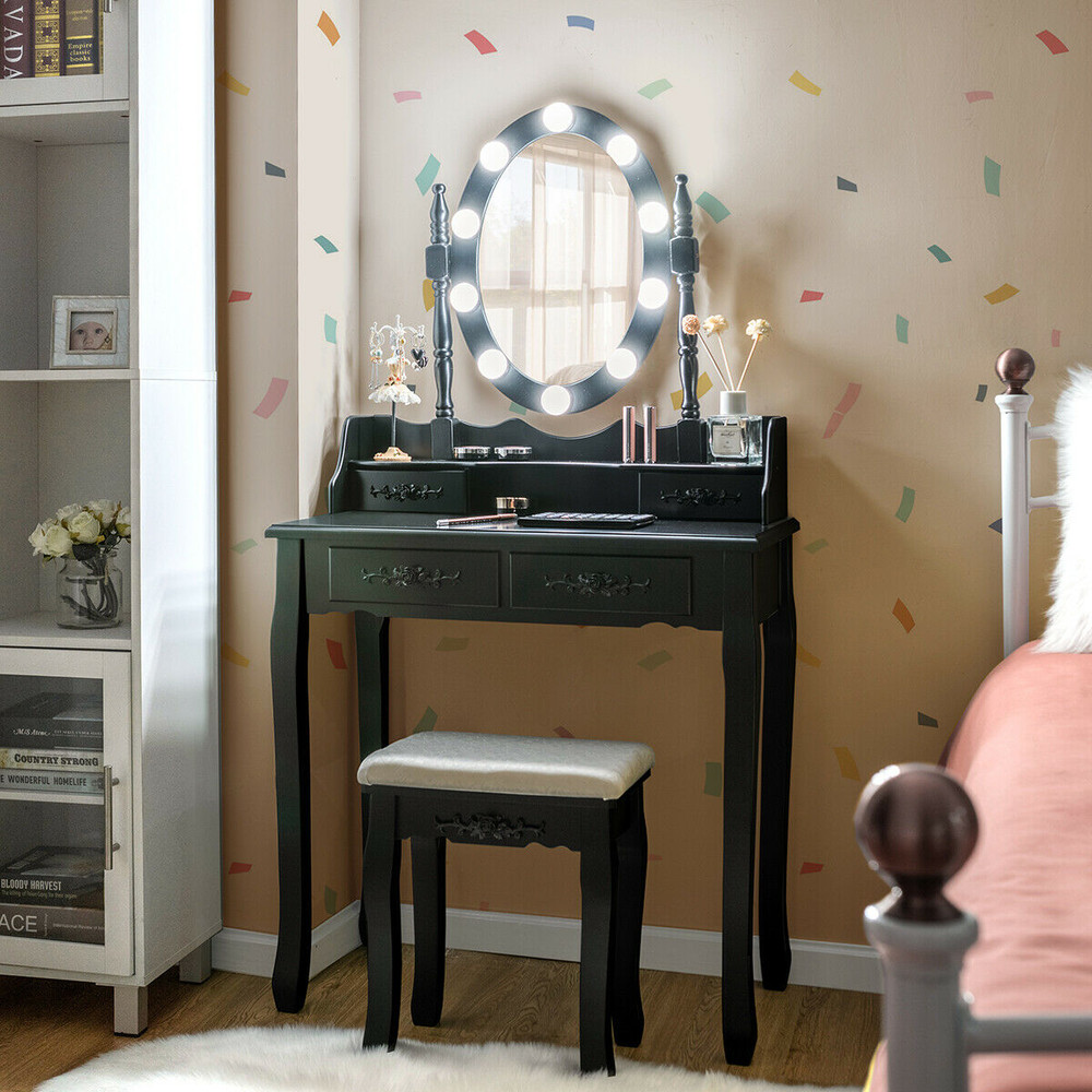 Makeup Dressing Table with Touch Switch Lighted Mirror & Cushioned Stool Elegant Vanity Desk with LED Lights & Storage