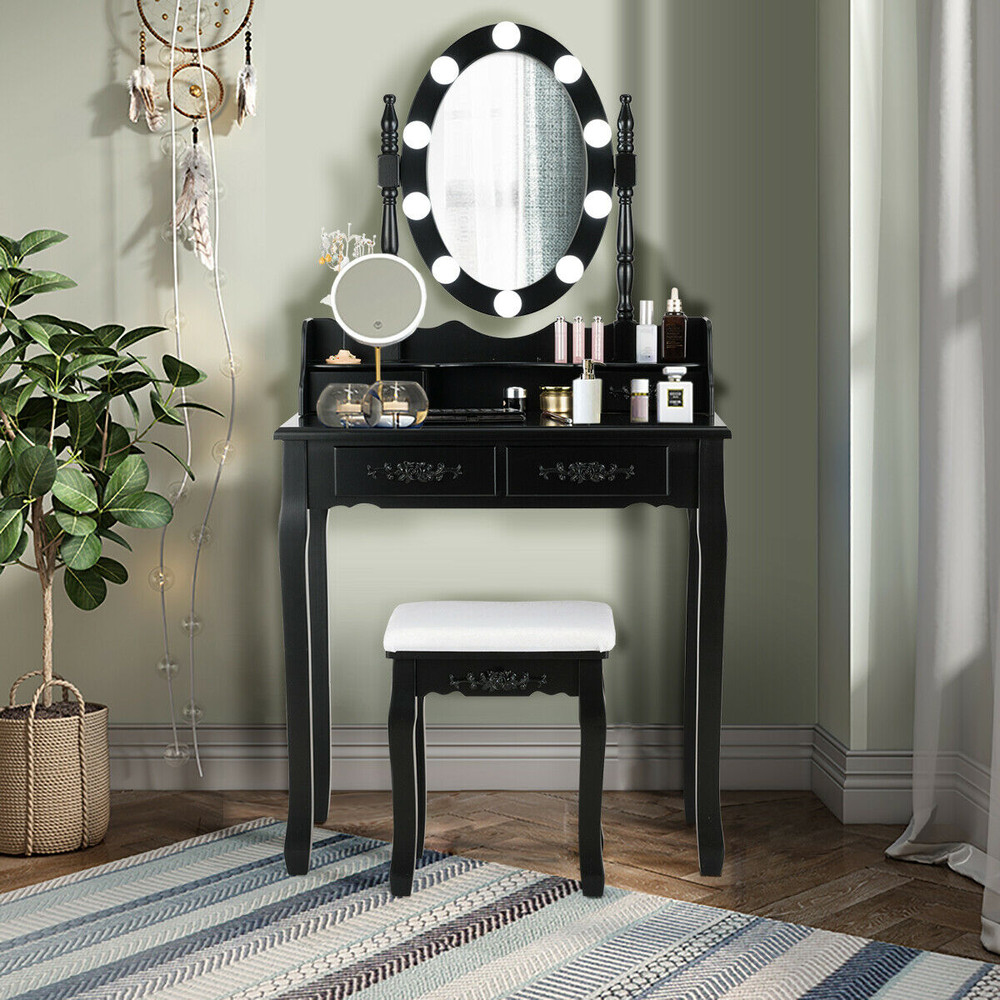 Makeup Dressing Table with Touch Switch Lighted Mirror & Cushioned Stool Elegant Vanity Desk with LED Lights & Storage