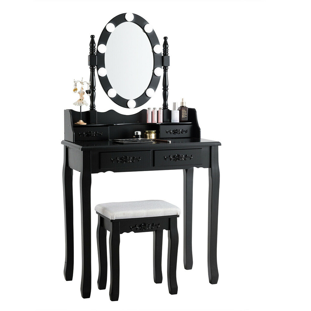 Makeup Dressing Table with Touch Switch Lighted Mirror & Cushioned Stool Elegant Vanity Desk with LED Lights & Storage