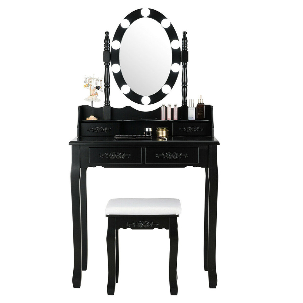 Makeup Dressing Table with Touch Switch Lighted Mirror & Cushioned Stool Elegant Vanity Desk with LED Lights & Storage